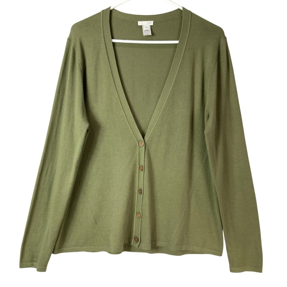 J. Jill Olive Green Silk Blend Cardigan L Button V-Neck Long Sleeve Seam Detail